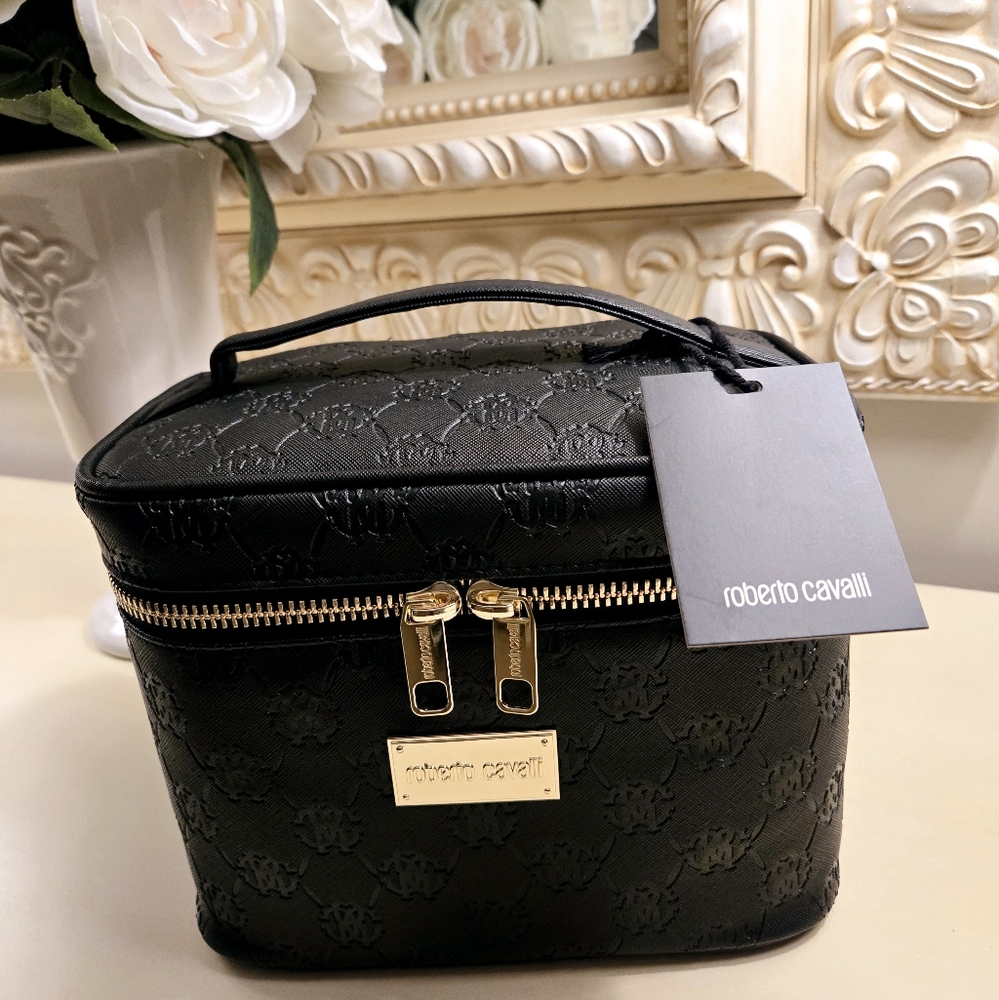 Roberto Cavalli Black Embossed Monogram Train Case (NEW)